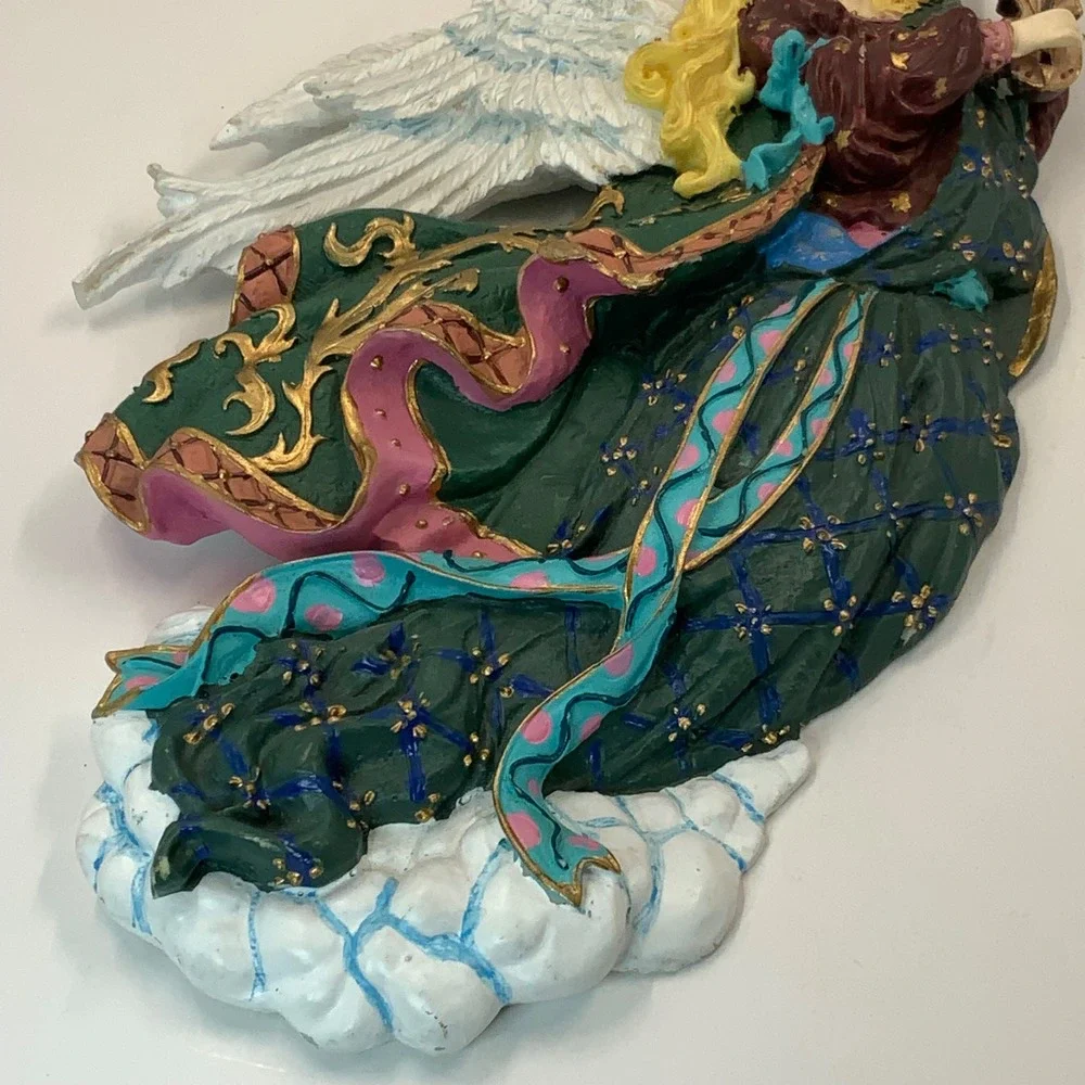 Vintage Angel Wall Plaque Playing Violin‎ Resin Sculpture Green Gold 12 Inch